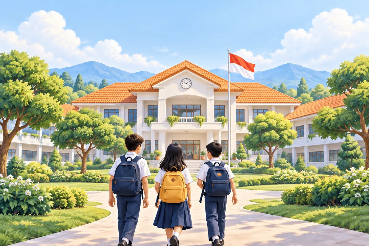 Tiga siswa berjalan menuju Lembaga Pendidikan dengan bendera Indonesia dan pepohonan hijau